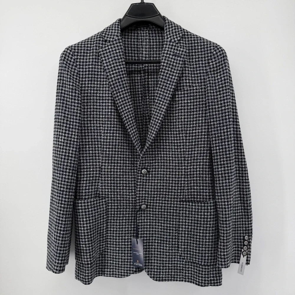 Stafford‎ Mens Classic Fit Navy Check seasonal Sport Coat Blazer Jacket 46L Long
